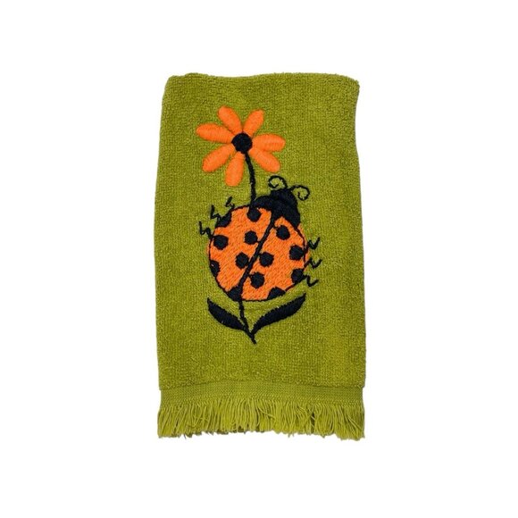 Golden Crown Fringed Fingertip Towel Embroidered Ladybug Flower Green - Picture 1 of 7